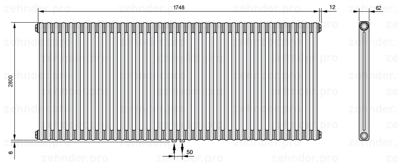 Схема (чертеж) Радиатор Zehnder Charleston 2280/38 №3470 Белый глянцевый RAL 9016